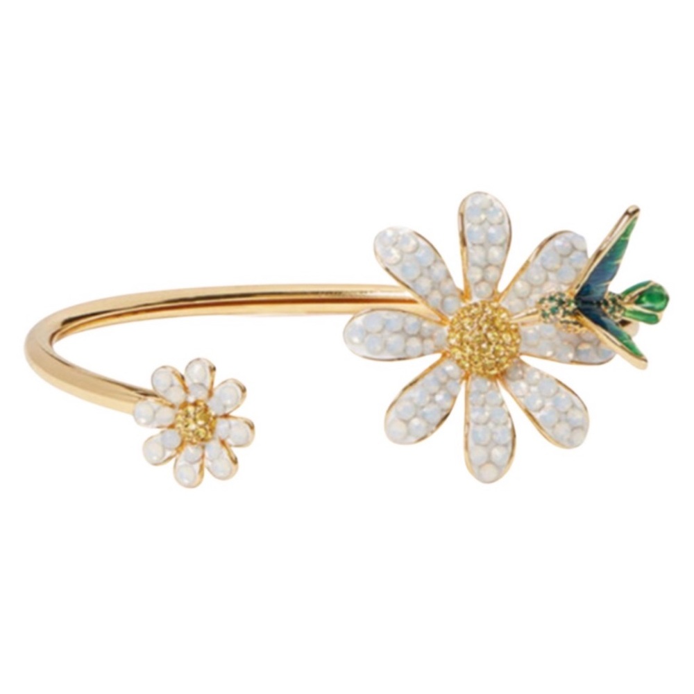 kate spade Gold Tone White Daisy Open Cuff Bracelet with Green Accent
